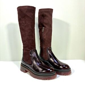 Aquatalia Drew Mixed Media Knee High Boots 9 Plum Deep Wine NWT